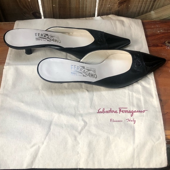 Salvatore Ferragamo Shoes - Salvatore Ferragamo Black Leather Kitten Heel Mule & Dust Bag with Divider 5.5 B